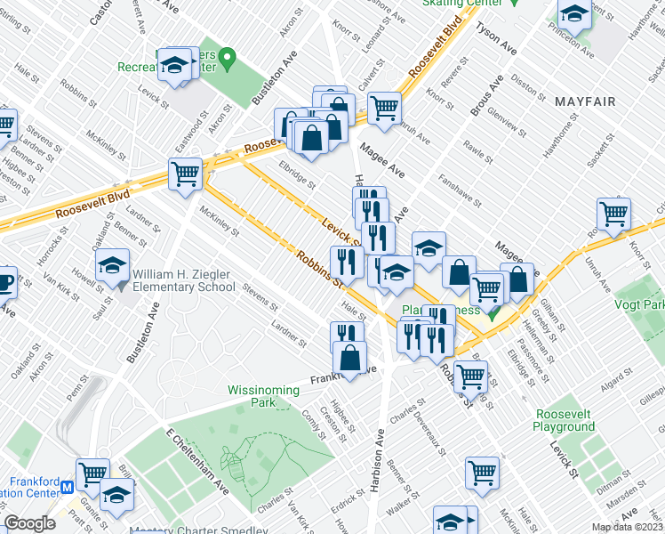 map of restaurants, bars, coffee shops, grocery stores, and more near 6311 Cardiff Street in Philadelphia