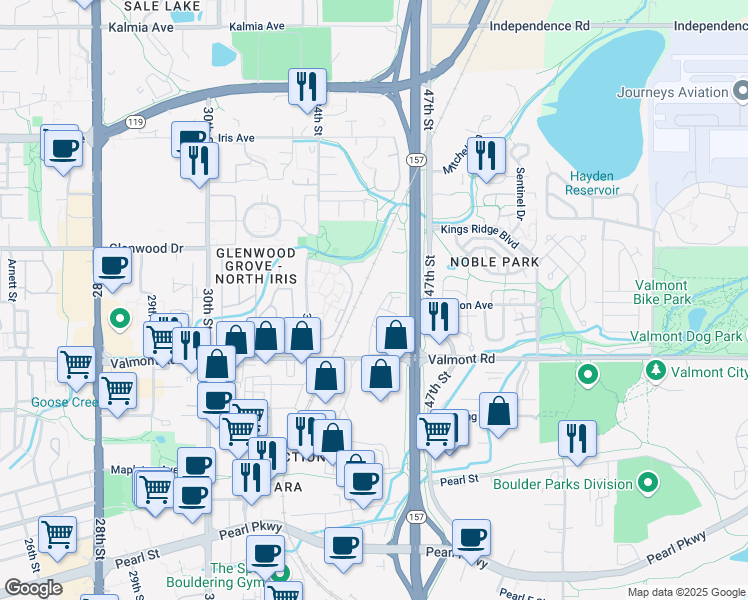 map of restaurants, bars, coffee shops, grocery stores, and more near 3030 Center Green Dr in Boulder