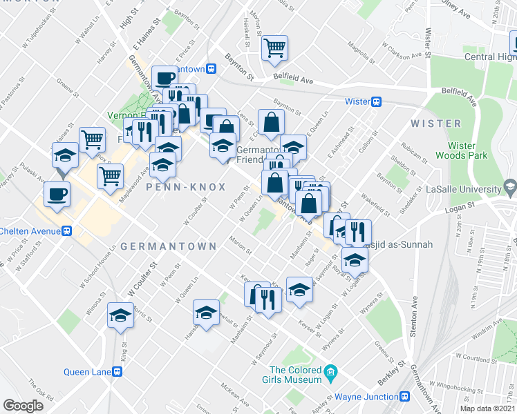 map of restaurants, bars, coffee shops, grocery stores, and more near 26 West Queen Lane in Philadelphia