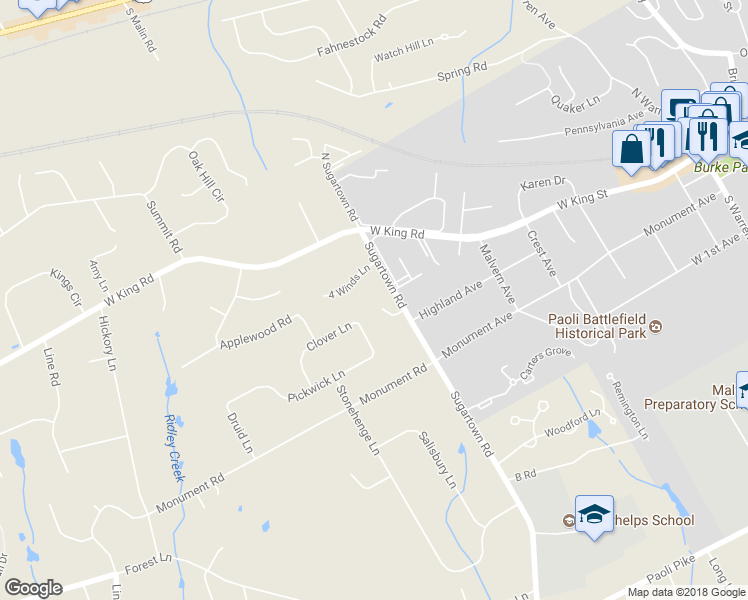 map of restaurants, bars, coffee shops, grocery stores, and more near 8 Robin Road in Malvern
