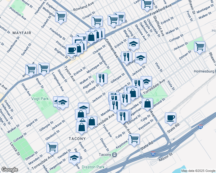 map of restaurants, bars, coffee shops, grocery stores, and more near 7135 Gillespie Street in Philadelphia
