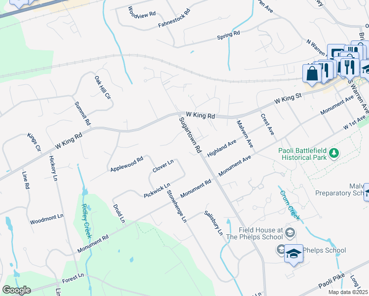 map of restaurants, bars, coffee shops, grocery stores, and more near 8 Robin Road in Malvern