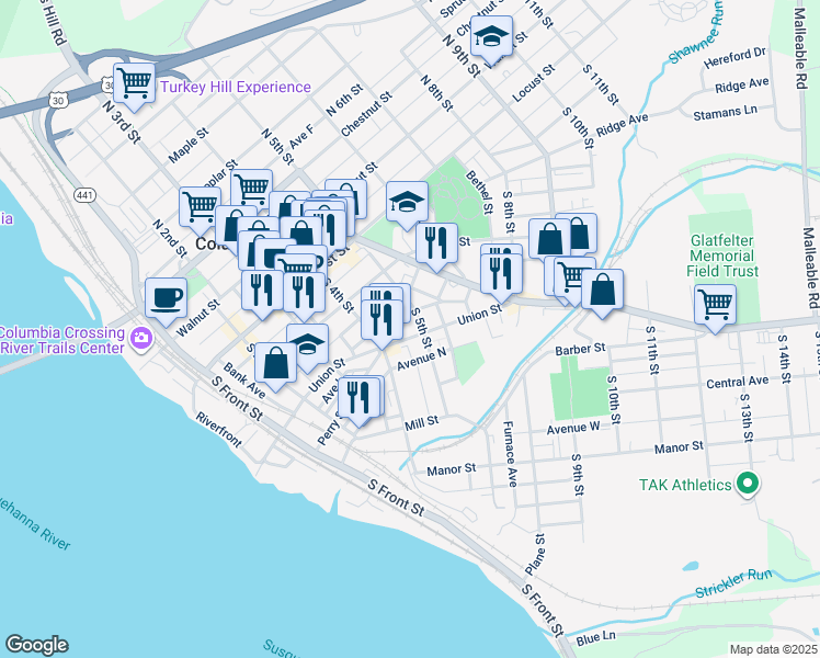 map of restaurants, bars, coffee shops, grocery stores, and more near 441 Union Street in Columbia