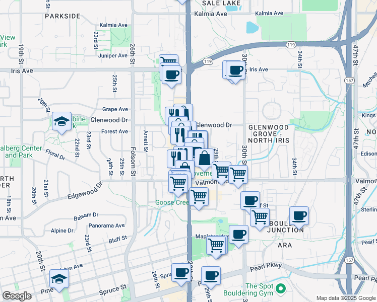 map of restaurants, bars, coffee shops, grocery stores, and more near 3101 28th Street in Boulder