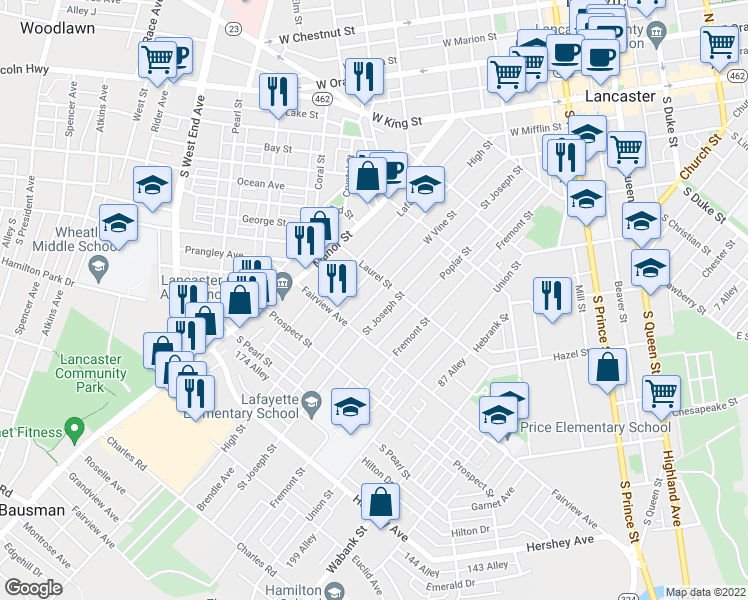 map of restaurants, bars, coffee shops, grocery stores, and more near 726 West Vine Street in Lancaster