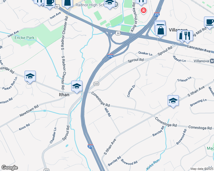 map of restaurants, bars, coffee shops, grocery stores, and more near 212 South Spring Mill Road in Villanova