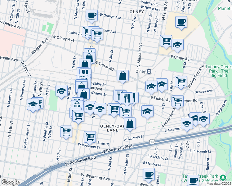 map of restaurants, bars, coffee shops, grocery stores, and more near 224 West Fisher Avenue in Philadelphia