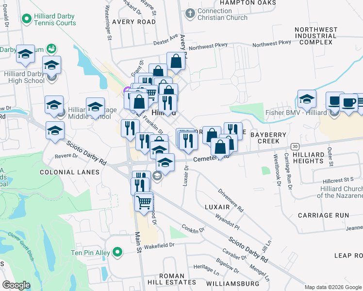 map of restaurants, bars, coffee shops, grocery stores, and more near 5260 Franklin Street in Hilliard