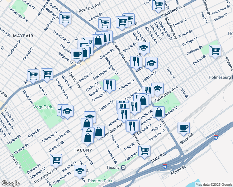 map of restaurants, bars, coffee shops, grocery stores, and more near 7137 Gillespie Street in Philadelphia