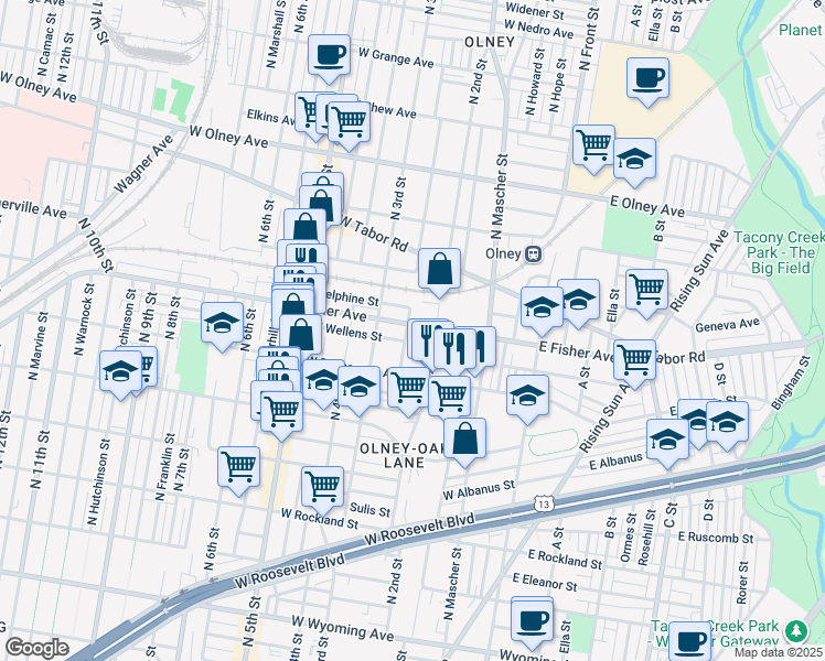 map of restaurants, bars, coffee shops, grocery stores, and more near 230 West Fisher Avenue in Philadelphia