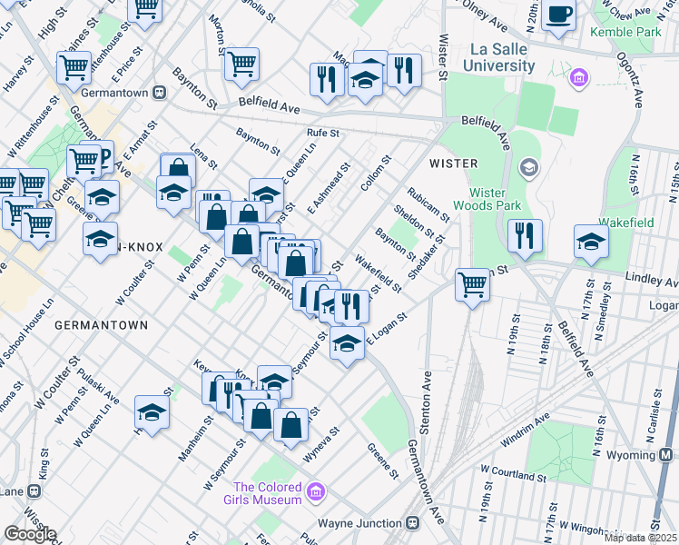 map of restaurants, bars, coffee shops, grocery stores, and more near 6468 Wister Street in Philadelphia