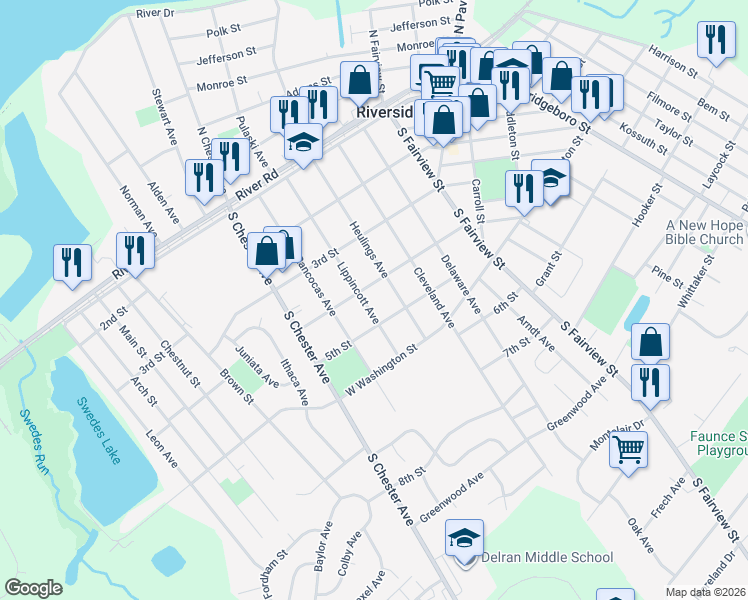 map of restaurants, bars, coffee shops, grocery stores, and more near 421 Lippincott Avenue in Riverside