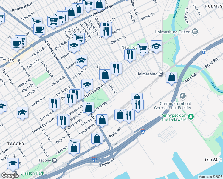 map of restaurants, bars, coffee shops, grocery stores, and more near 4746 Vista Street in Philadelphia