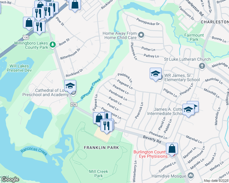 map of restaurants, bars, coffee shops, grocery stores, and more near 38 Pembrook Lane in Willingboro