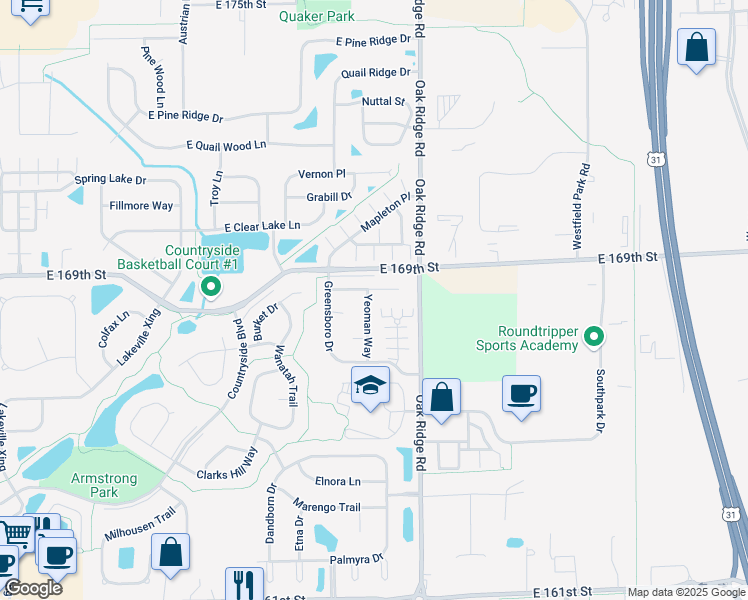 map of restaurants, bars, coffee shops, grocery stores, and more near 16765 Yeoman Way in Westfield