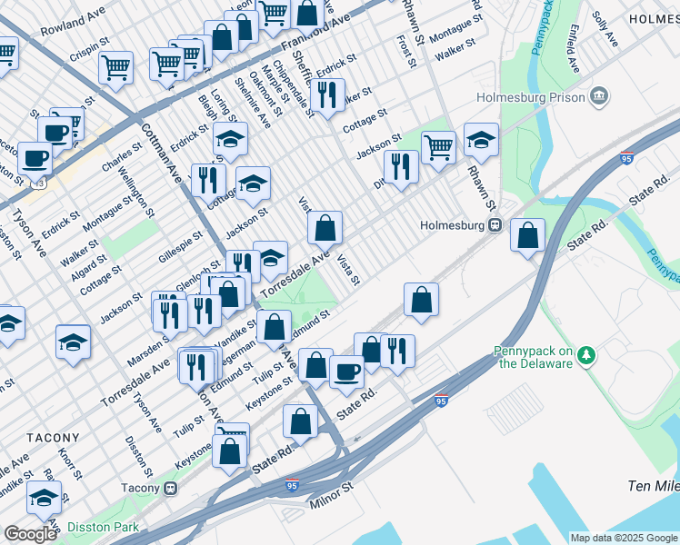 map of restaurants, bars, coffee shops, grocery stores, and more near 4737 Loring Street in Philadelphia