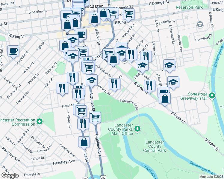 map of restaurants, bars, coffee shops, grocery stores, and more near 538 East Strawberry Street in Lancaster