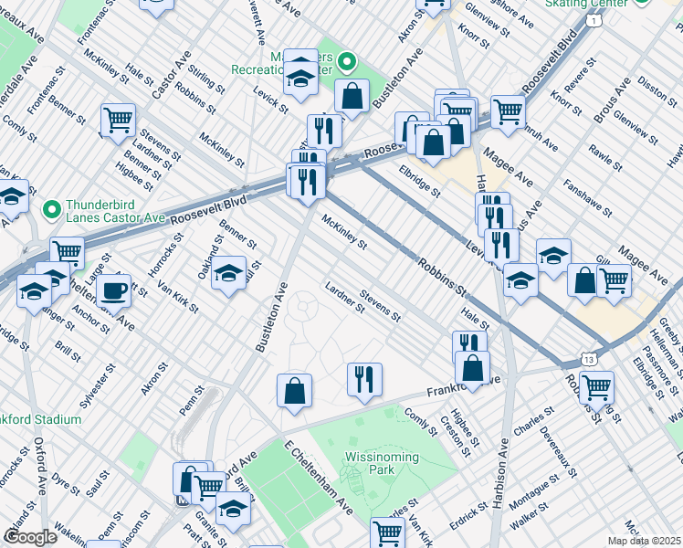 map of restaurants, bars, coffee shops, grocery stores, and more near 2113 Stevens Street in Philadelphia