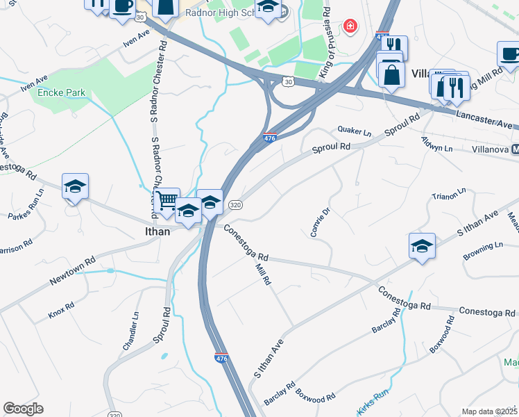 map of restaurants, bars, coffee shops, grocery stores, and more near 212 South Spring Mill Road in Villanova