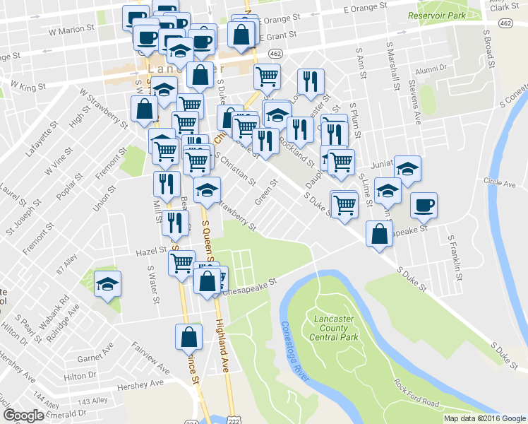 map of restaurants, bars, coffee shops, grocery stores, and more near 528 Woodward Street in Lancaster