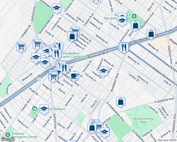 map of restaurants, bars, coffee shops, grocery stores, and more near 1521 Van Kirk Street in Philadelphia