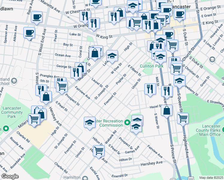 map of restaurants, bars, coffee shops, grocery stores, and more near 666 Poplar Street in Lancaster