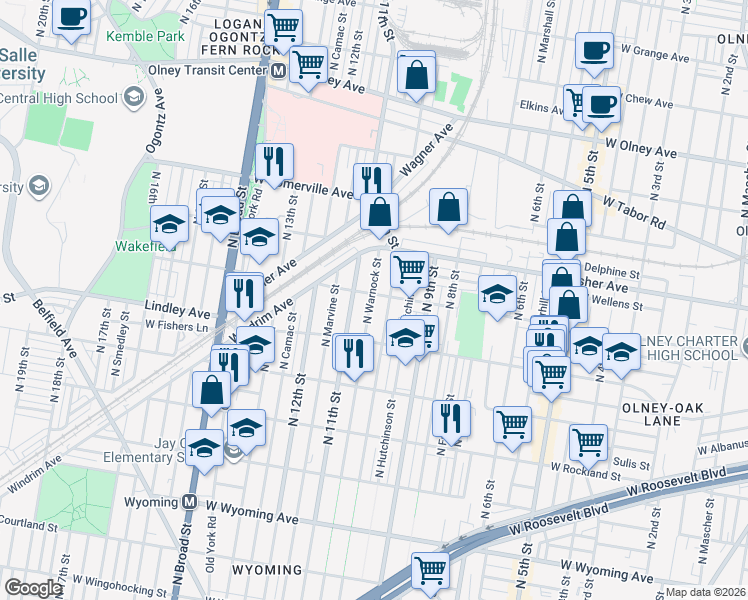 map of restaurants, bars, coffee shops, grocery stores, and more near 5125 North 10th Street in Philadelphia