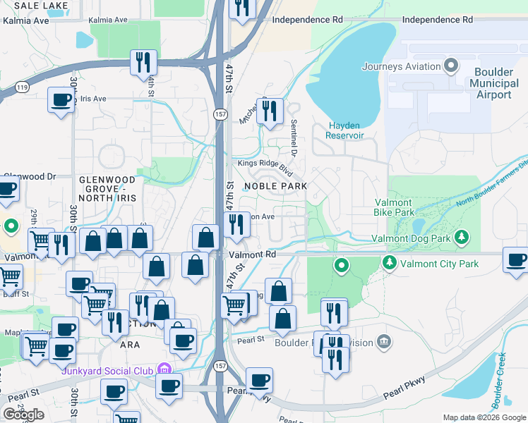 map of restaurants, bars, coffee shops, grocery stores, and more near 3004 Fulton Circle in Boulder