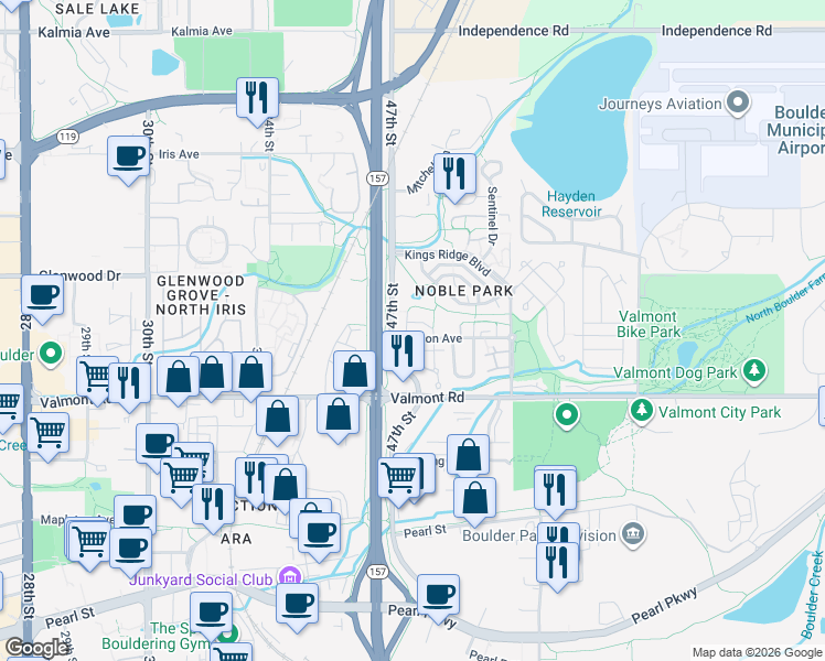 map of restaurants, bars, coffee shops, grocery stores, and more near 3083 Edison Court in Boulder