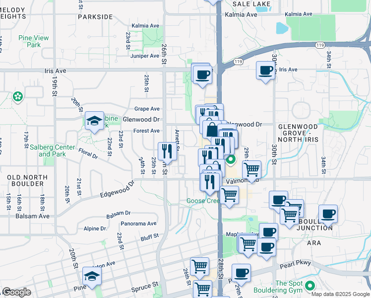 map of restaurants, bars, coffee shops, grocery stores, and more near 3066 Littleleaf Lane in Boulder