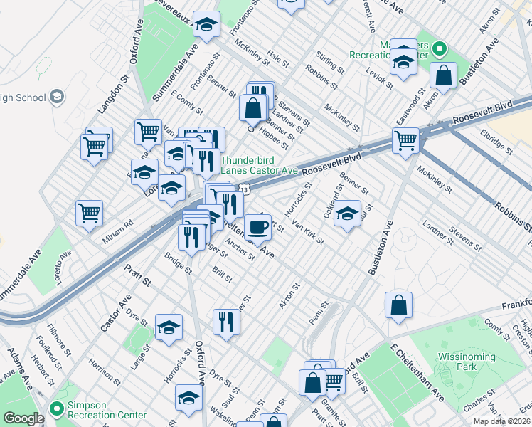 map of restaurants, bars, coffee shops, grocery stores, and more near 1439 Rosalie Street in Philadelphia