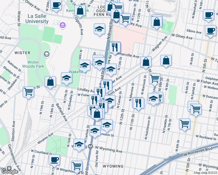 map of restaurants, bars, coffee shops, grocery stores, and more near 1319 Lindley Avenue in Philadelphia