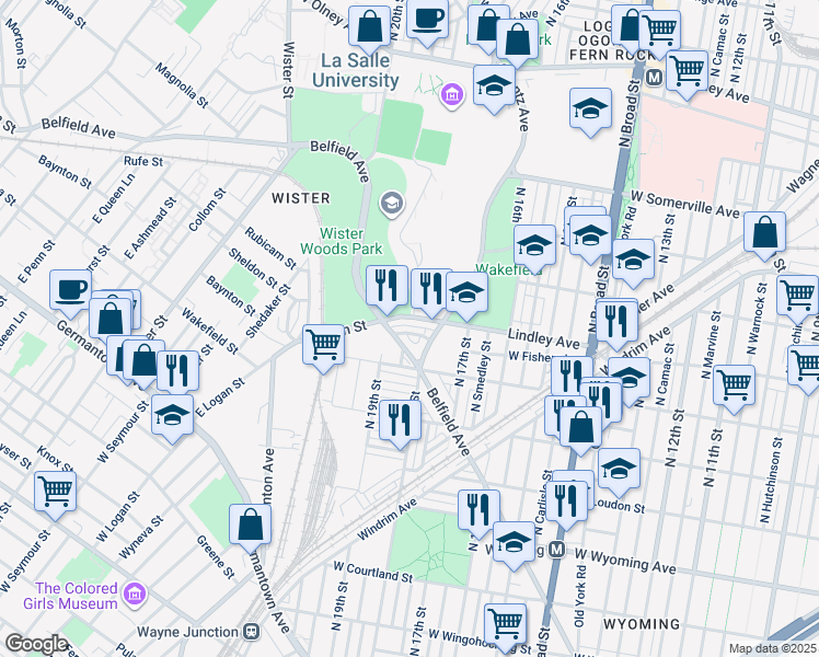 map of restaurants, bars, coffee shops, grocery stores, and more near 1829 West Ashdale Street in Philadelphia