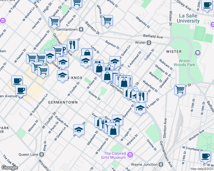 map of restaurants, bars, coffee shops, grocery stores, and more near 5140 Germantown Avenue in Philadelphia