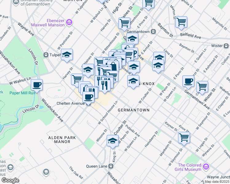 map of restaurants, bars, coffee shops, grocery stores, and more near 5500 Wayne Avenue in Philadelphia