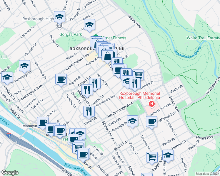 map of restaurants, bars, coffee shops, grocery stores, and more near 419 Martin Street in Philadelphia