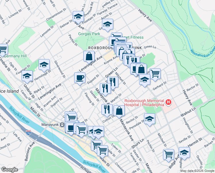 map of restaurants, bars, coffee shops, grocery stores, and more near 360-66 Lyceum Avenue in Philadelphia