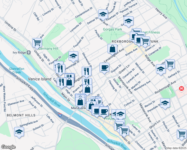 map of restaurants, bars, coffee shops, grocery stores, and more near 227 Krams Avenue in Philadelphia