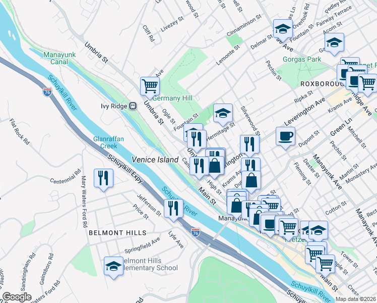 map of restaurants, bars, coffee shops, grocery stores, and more near 4681 Canton Street in Philadelphia