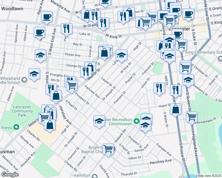 map of restaurants, bars, coffee shops, grocery stores, and more near 732 Saint Joseph Street in Lancaster