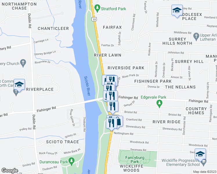 map of restaurants, bars, coffee shops, grocery stores, and more near 3797 Fairlington Drive in Columbus