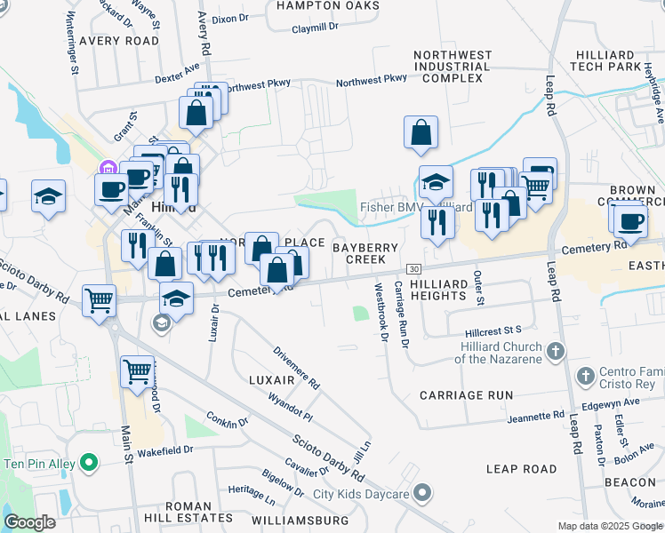 map of restaurants, bars, coffee shops, grocery stores, and more near 5029 Cemetery Road in Hilliard