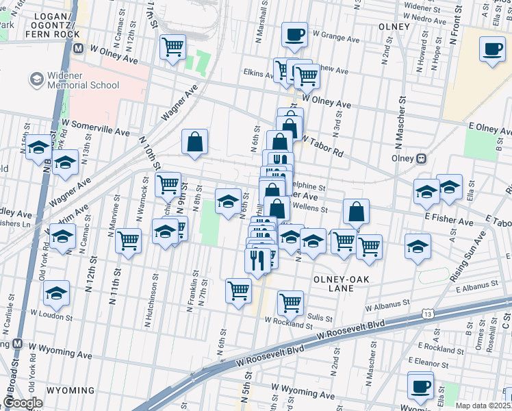 map of restaurants, bars, coffee shops, grocery stores, and more near 5230 North Fairhill Street in Philadelphia