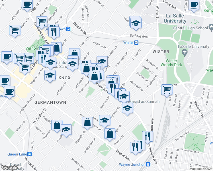 map of restaurants, bars, coffee shops, grocery stores, and more near 20 East Ashmead Street in Philadelphia