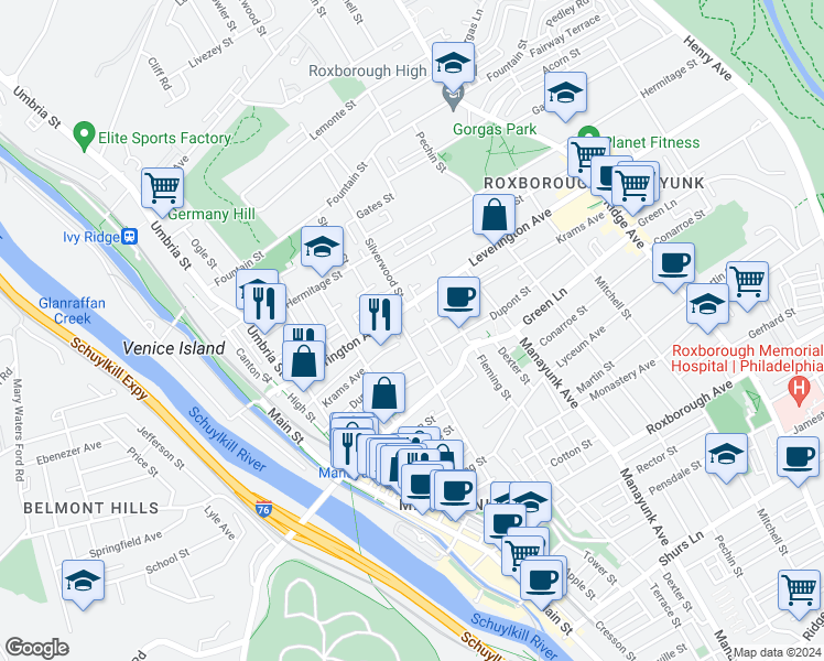 map of restaurants, bars, coffee shops, grocery stores, and more near 242 Krams Avenue in Philadelphia