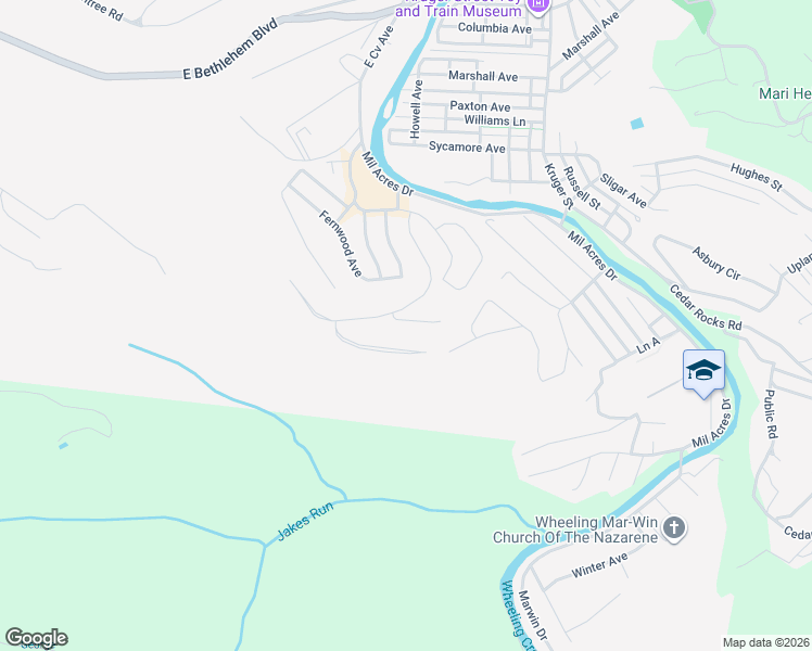 map of restaurants, bars, coffee shops, grocery stores, and more near 8-94 Crestview Drive in Wheeling
