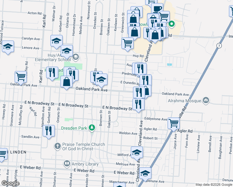 map of restaurants, bars, coffee shops, grocery stores, and more near 3106 Oaklawn Street in Columbus