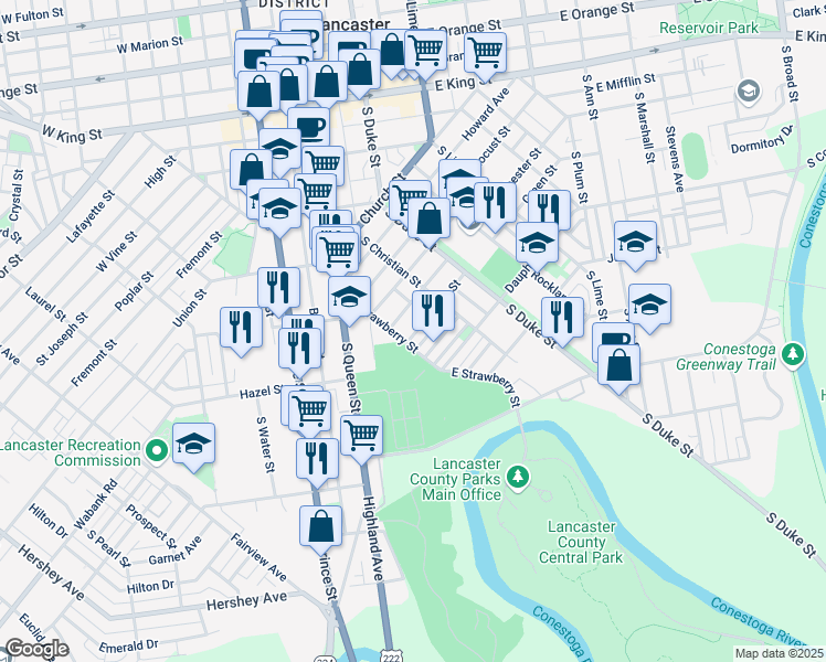 map of restaurants, bars, coffee shops, grocery stores, and more near 540 Green Street in Lancaster