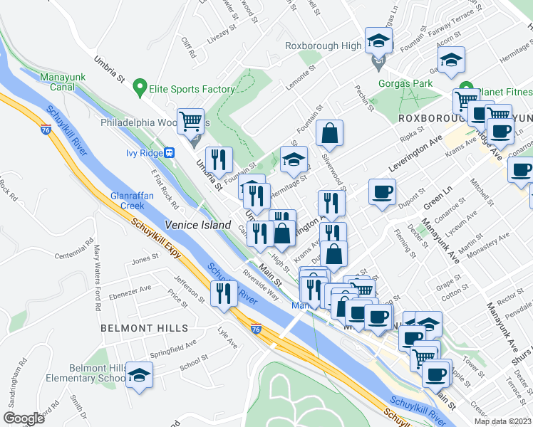 map of restaurants, bars, coffee shops, grocery stores, and more near 159 Hermitage Street in Philadelphia