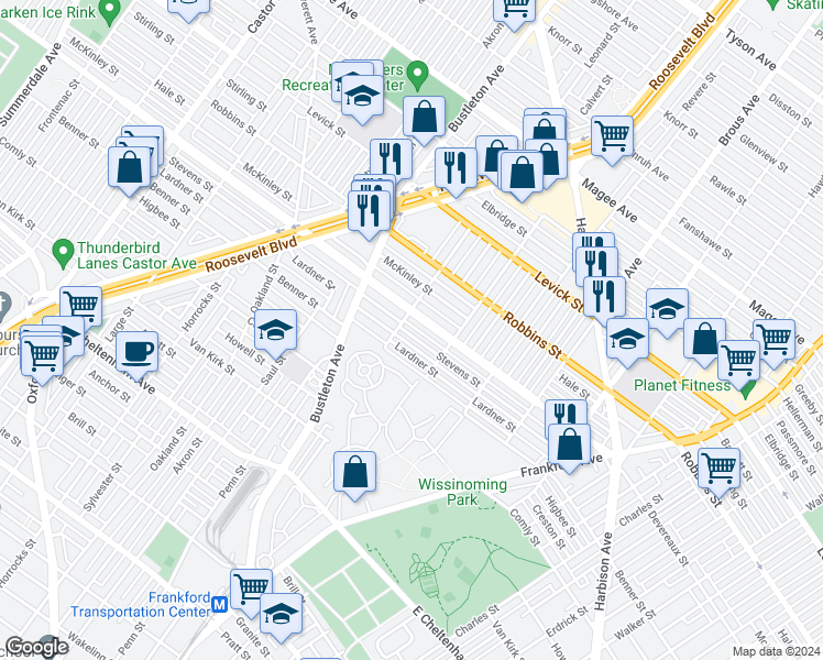 map of restaurants, bars, coffee shops, grocery stores, and more near 2113 Stevens Street in Philadelphia